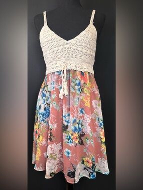 #128- Windsor Rose-Pink Floral Maxi Dress with Crochet Top